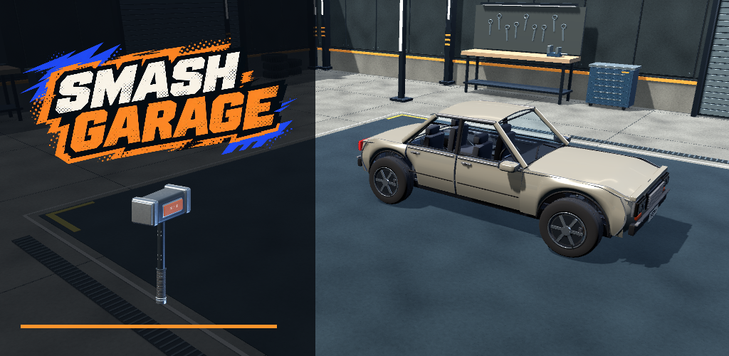 ガレージのハンマーとへこんだ車を描いたSMASH GARAGEのメインビジュアル